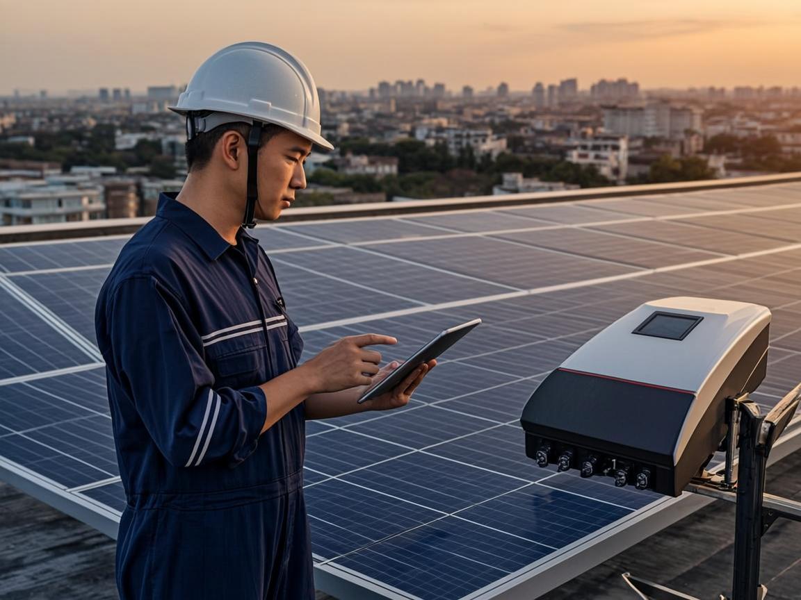 Solar engineer inspecting rooftop solar panel installation